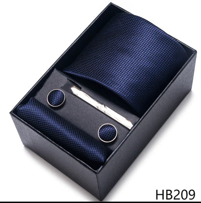 8 cm Wide Tie Sets Blue Solid Men's Neck Tie Handkerchief Cufflinks Clip Gift Silk Handmade