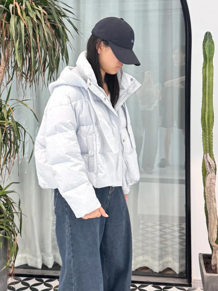 Winter Short Knitted Hooded Down Jacket   Female Zipper Puff Jackets