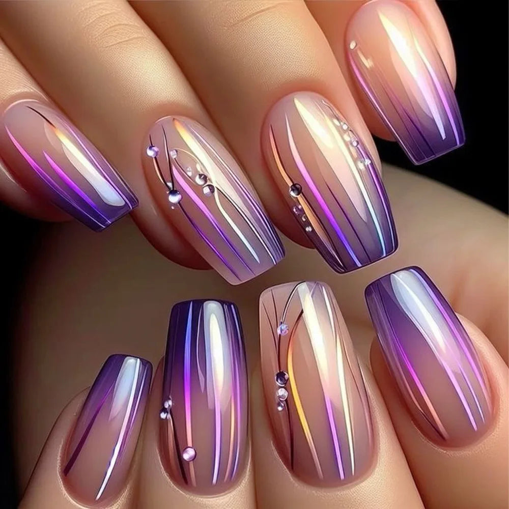 24pcs Golden Stripe Press on Nails Long Square False Nails Full Cover Nail Tips.