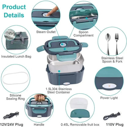 1.5L 60W Electric Lunch Box, Portable Food Warmer Leak Proof Heating Container, for Car, Home Office Use Meal Prep.