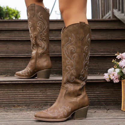 Women Retro Western Embroidered Cowboy Boots - Pointed Toe High Block Heel, Faux Cover with Fabric Lining.