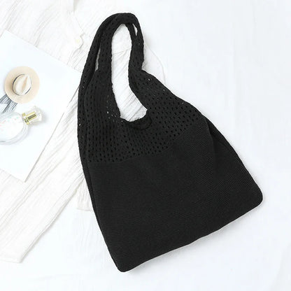 New Trend Women's Crochet Handbag | Retro Knitted Braid Solid Color Hollow Top-Handle Tote Bag (Black Khaki Shopper)