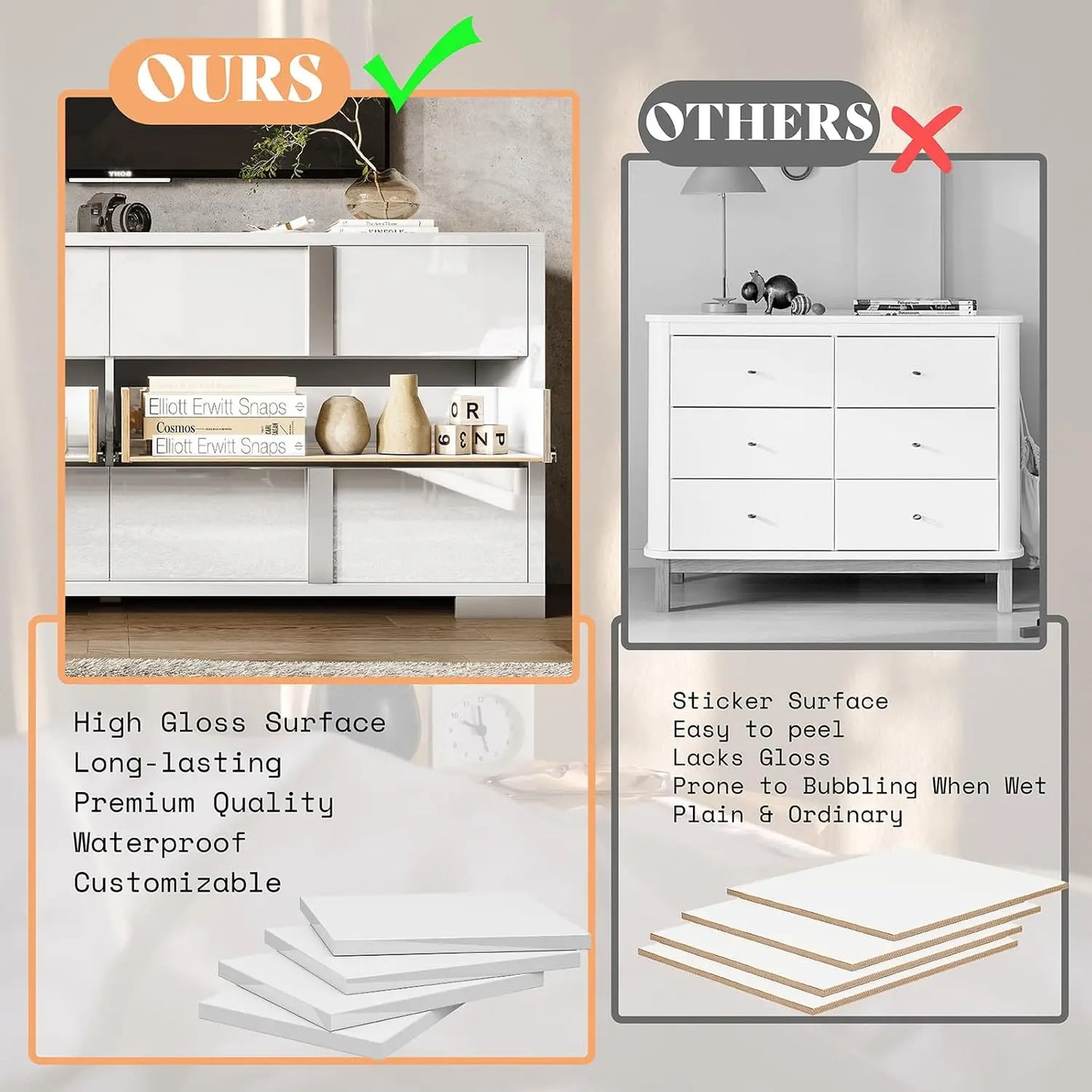 Modern Storage Chest of Drawers with Wide Tabletop, 54" W High Gloss 6 Drawers Dresser with Silver Grooved Handles.