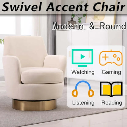 Velvet Swivel Accent Chair for Living Room, Comfy Barrel Chair with High Back, Gold Base (Beige)
