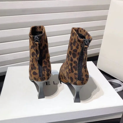 Autumn Women High Heel Leopard Print Ankle Boots, New Pointed Head Thin Heel.