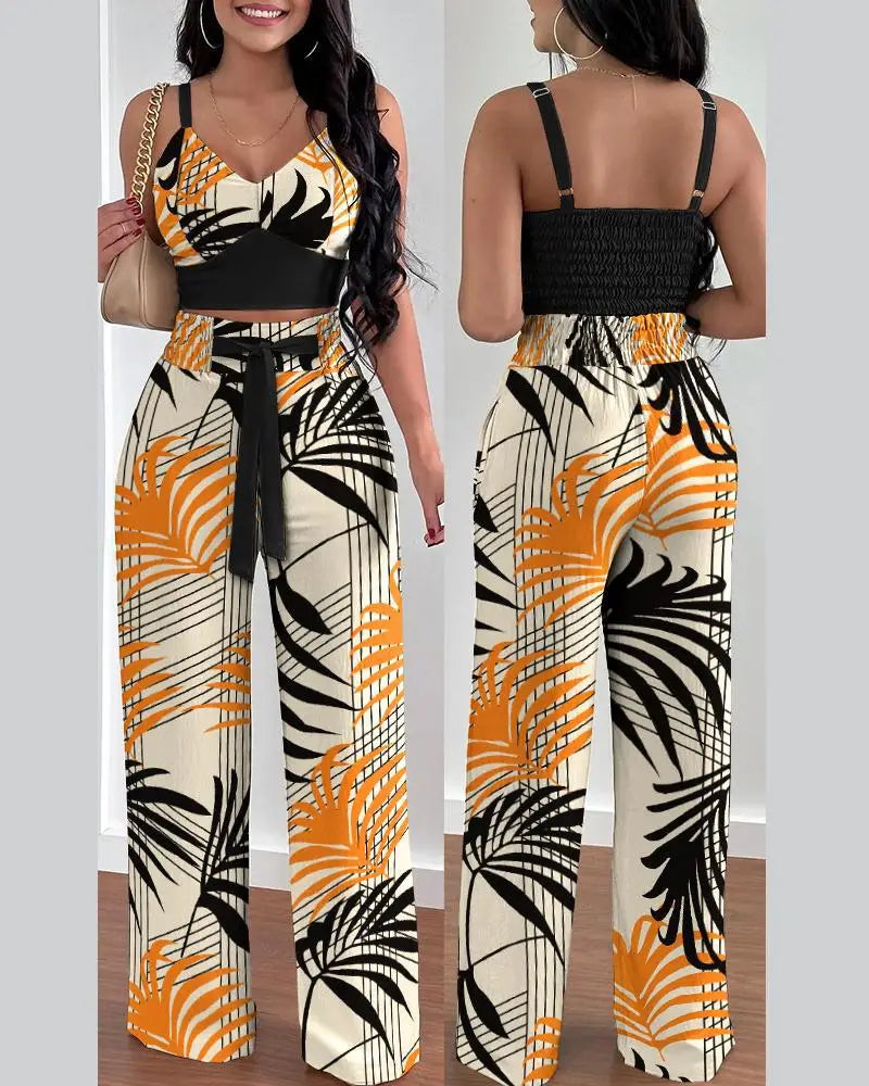 2 Piece Outfits For Women 2025 Sexy V-Neck Strap Shirred Slim Crop Top & Lace-up Wide Leg Pants Sets.