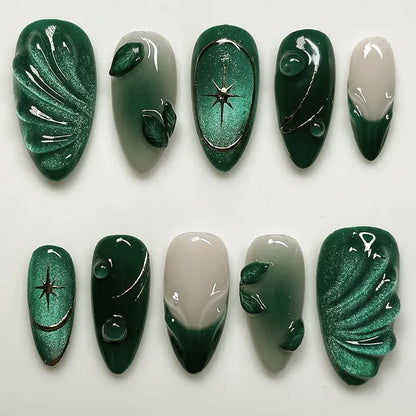 24Pcs Mid-length Almond Press on Fake Nails,3D Ripple Heart ,Pearl Star, Blue Smudge Detachable Full Cover Nails Tips.