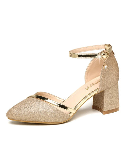 Women Classic Sexy Party Silver Square Heel Shoes.