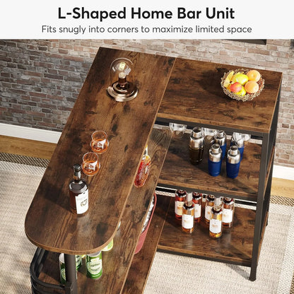 L-Shaped Home Bar Unit, 3 Tier Liquor Bar Table with Storage and Wine Glasses Holder