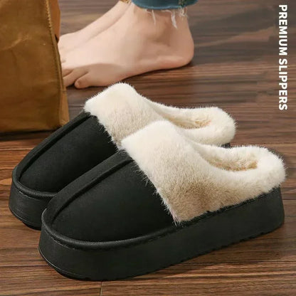 Fashionable women's plush slippers winter indoor, thick sole non-slip warm house shoes for home bedroom living room.