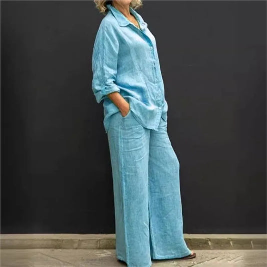 Two Piece Sets Women Outfits,  Fall Simple Long Sleeve Shirt Loose Trousers Set Office Casual.