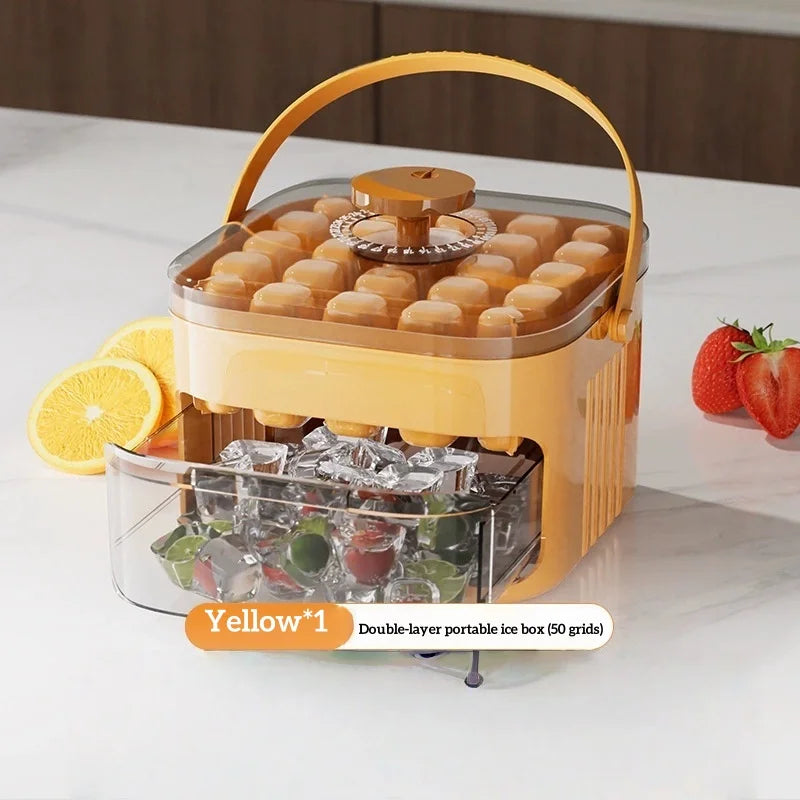 Compact Double Layer Ice Cube Tray with Lid and Bin, Pull-Out Ice Drawer with Portable Handle.