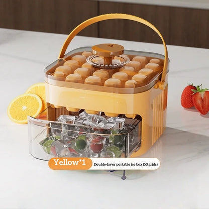 Compact Double Layer Ice Cube Tray with Lid and Bin, Pull-Out Ice Drawer with Portable Handle.