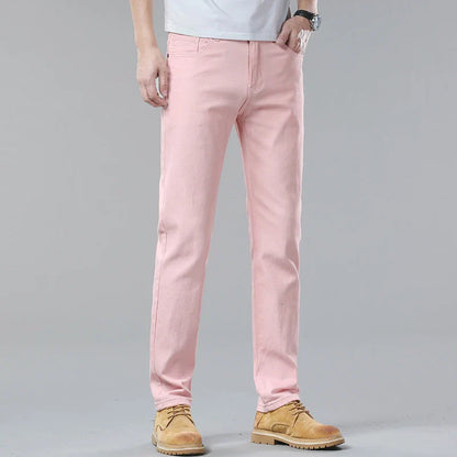 Men's White Jeans Straight Elastic Cotton Denim Pants