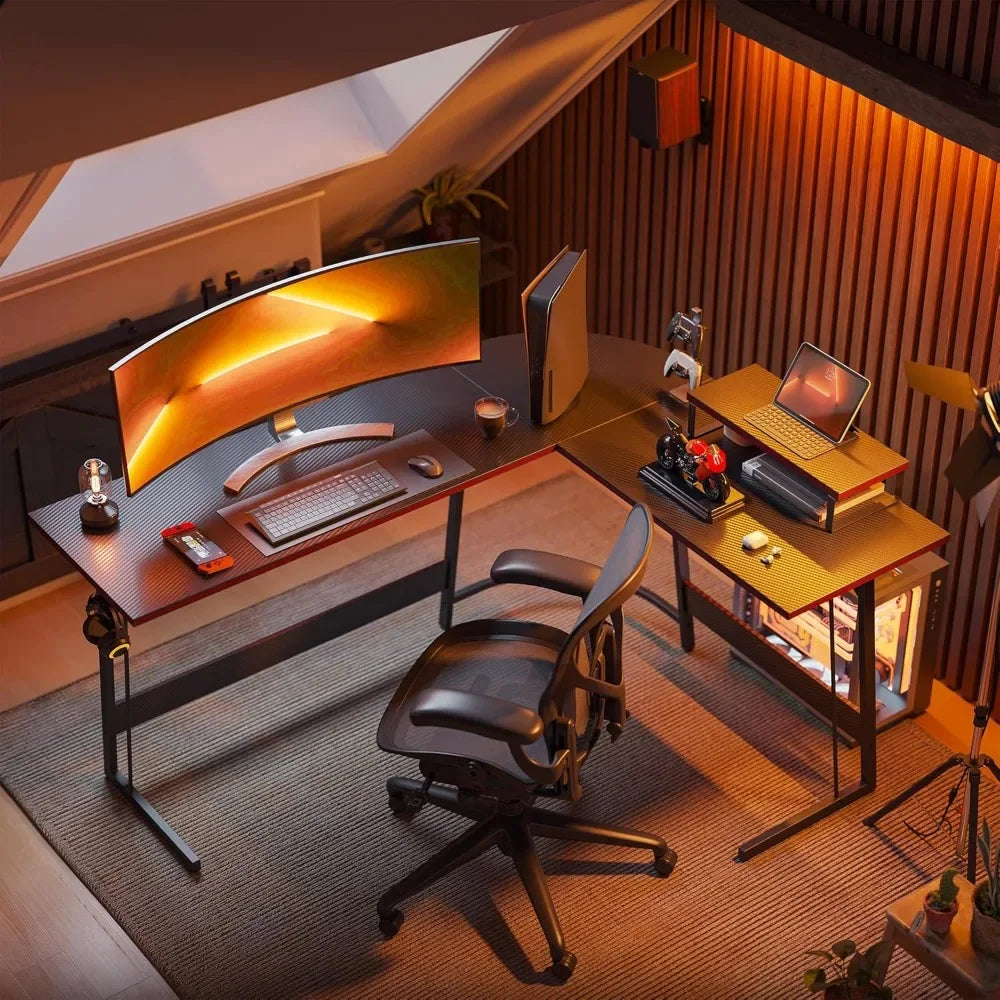 L-Shaped Gaming Desk ,Carbon Fiber Surface, Built-in Monitor Stand Home Office.