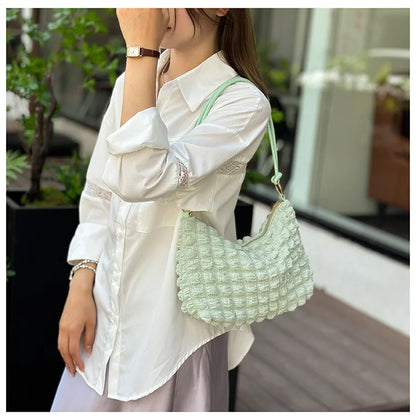 Canvas Wrinkle Bag for Women | Shoulder Bags & Pleated Bubbles Handbags (Padded Casual Underarm Quilted Tote Cloud Bag Purse)
