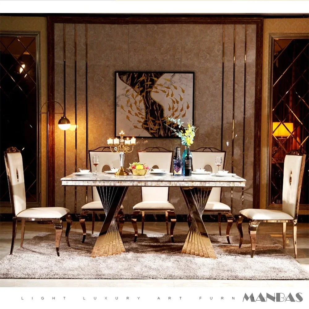 Luxury Dining Set: 6 Stainless Steel Genuine Leather, Rectangle Marble  Table