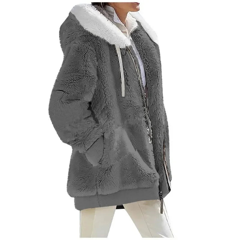 Fashion Women's Coat, Hooded Zipper Lady Cashmere Fleece Jacket.