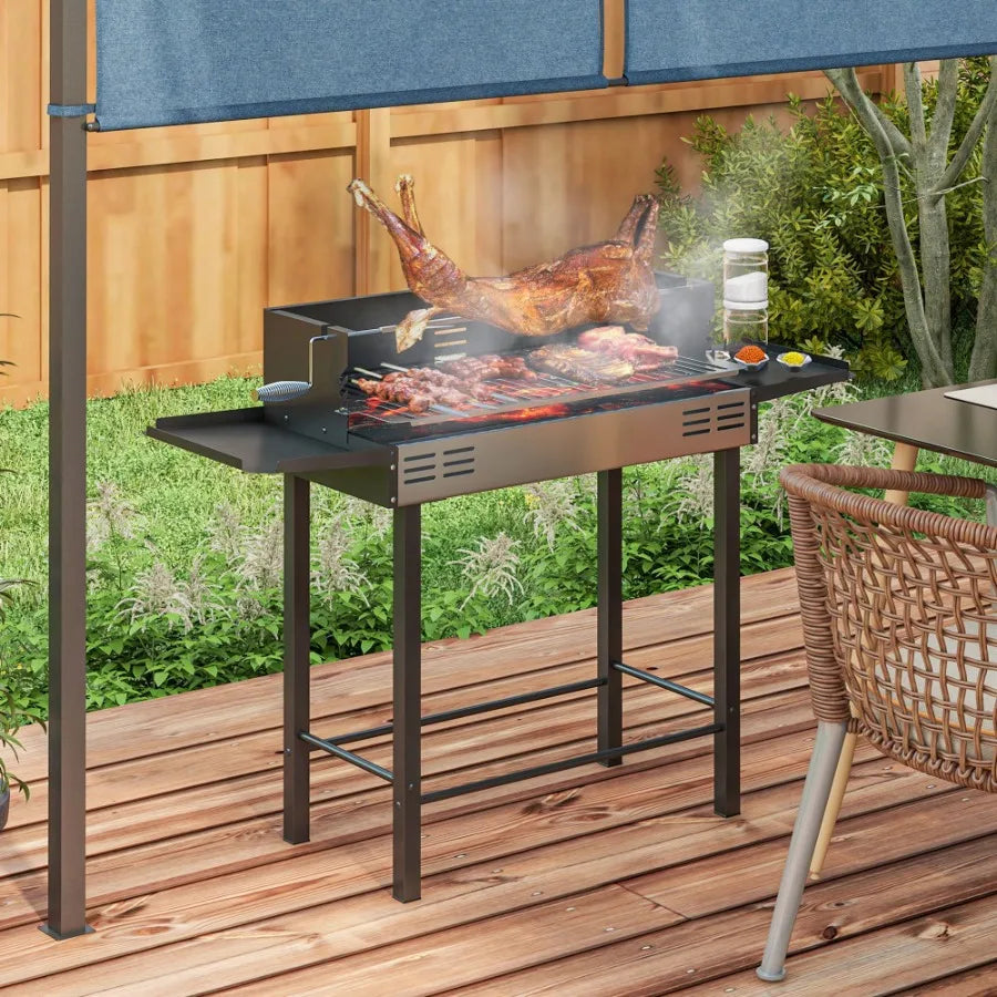BBQ Rotisserie Charcoal Grill for Chicken Turkey  3Level Grate Storage Shelves Stainless Steel.