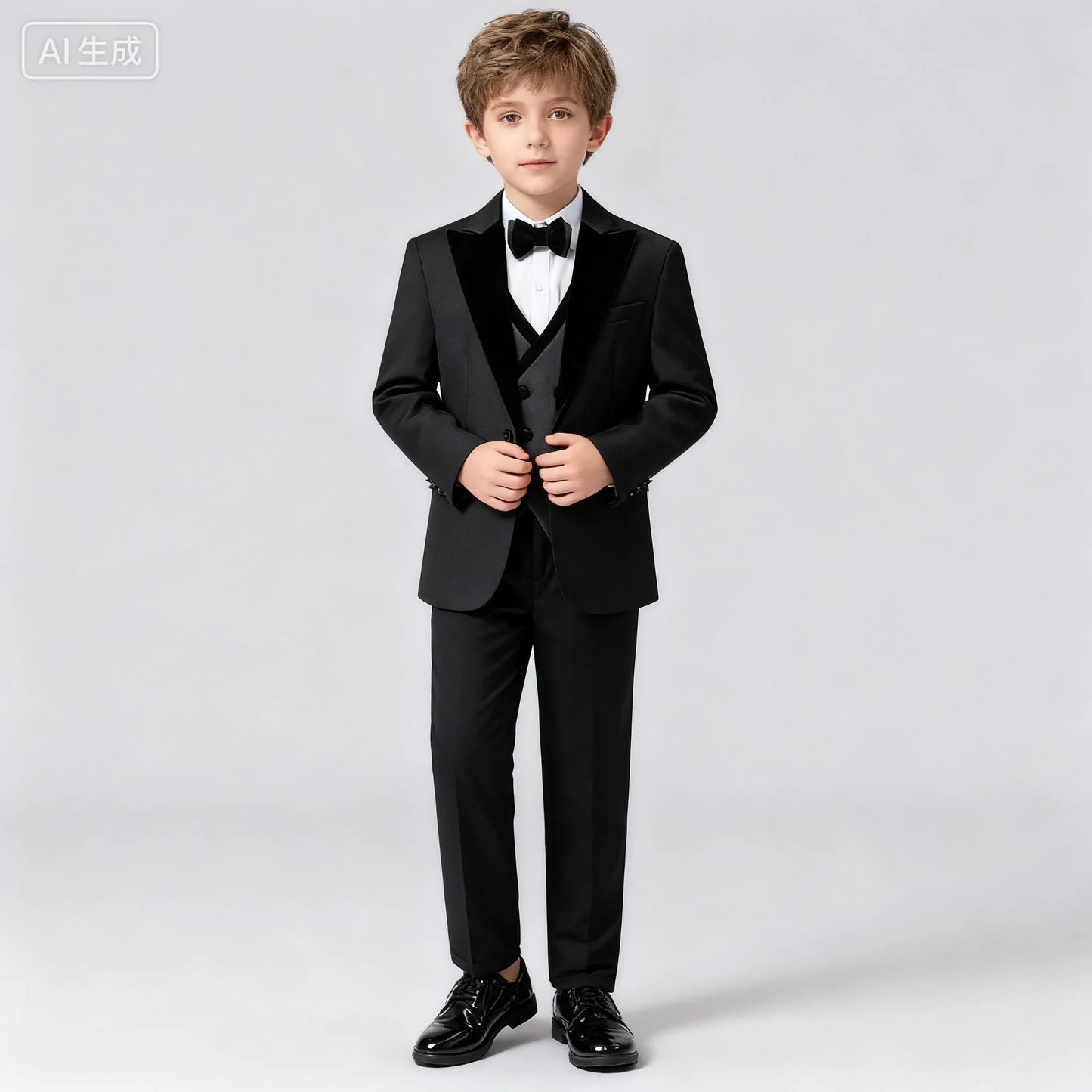 2025 New Kids Suit Set, 4 Pieces Formal  Suits for Boys, Jacket, Vest, Pants, Bowtie Velvet Collar.