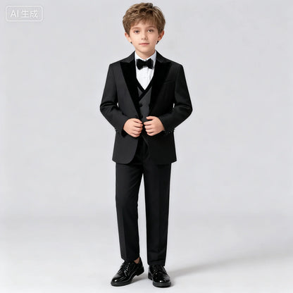 2025 New Kids Suit Set, 4 Pieces Formal  Suits for Boys, Jacket, Vest, Pants, Bowtie Velvet Collar.