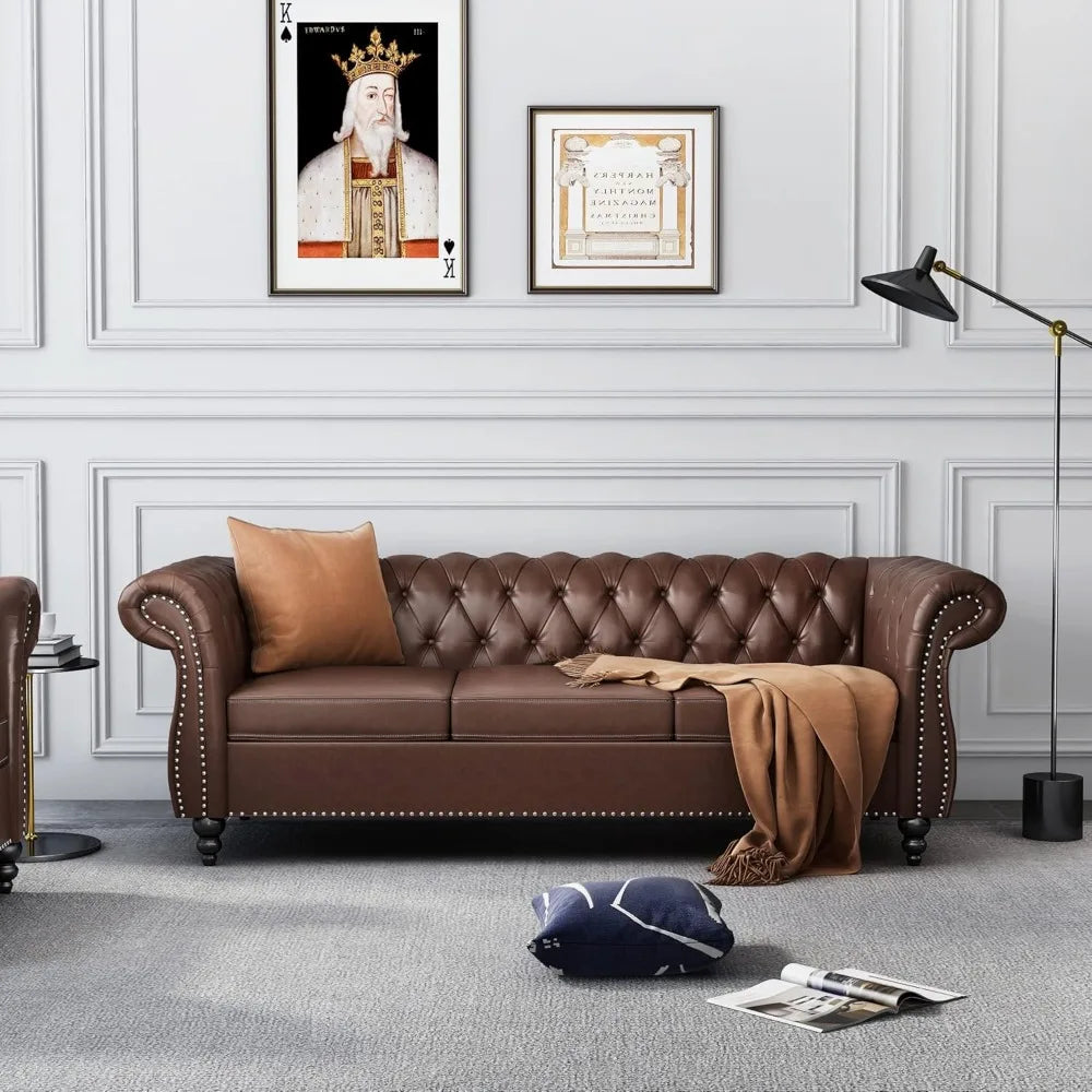 3-Piece Chesterfield Leather Sofa Set, with Scroll Arms & Nail,Head Trim, Dark Brown Living Room Furniture.