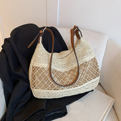 Large Capacity Summer Straw Weaving Shoulder Bag | Women's Handmade Crochet Beach Handbag & Woven Hollow Out Underarm Knitting Bag