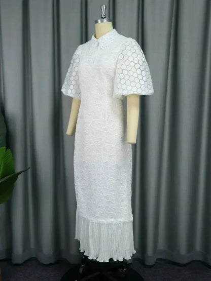White Lace Dresses for Women , Elegant Turn Down Collar, Puff Sleeves Pleated Hem, Midi Dress Luxury Occasion Clothes.