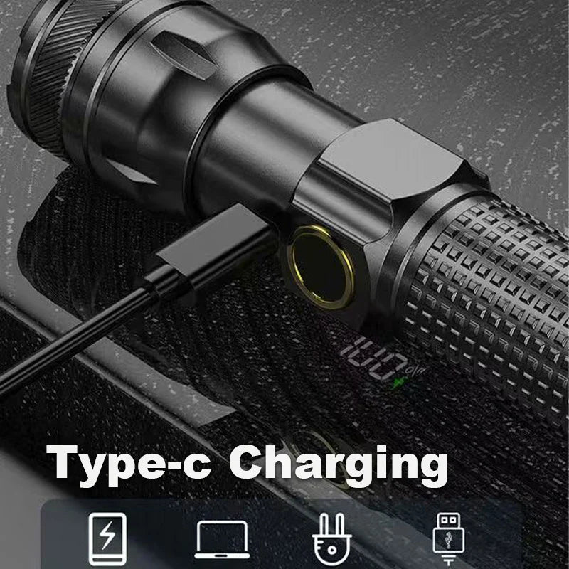 Aluminum Alloy Rechargeable LED Flashlight, Power Display, High Power Torch Light Waterproof.