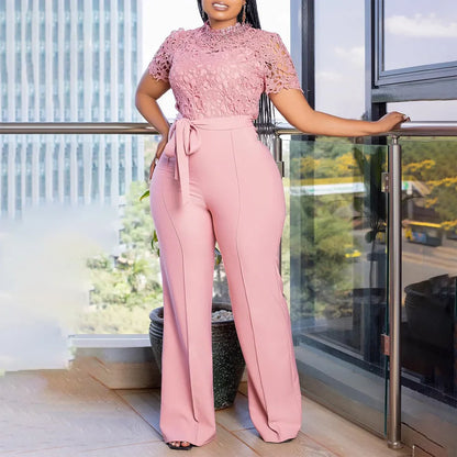 Elegant Jumpsuits & Rompers for Women, O Neck Lace Patchwork Short Sleeve Sashes High Waisted.