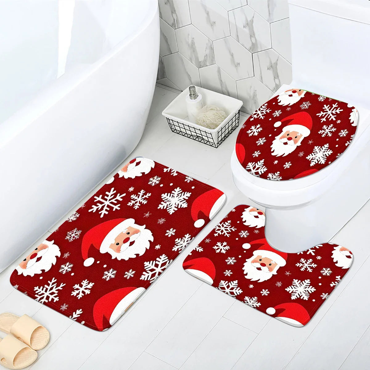 A snowflake Christmas style toilet mat can be purchased individually, or assembled as a set for bathroom carpets.