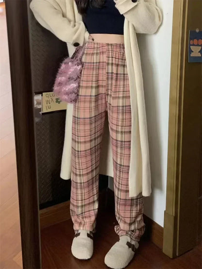 Warm Plush Pants, Cashmere Thick Plaid Ladies Winter Loose Wide-legged Pants