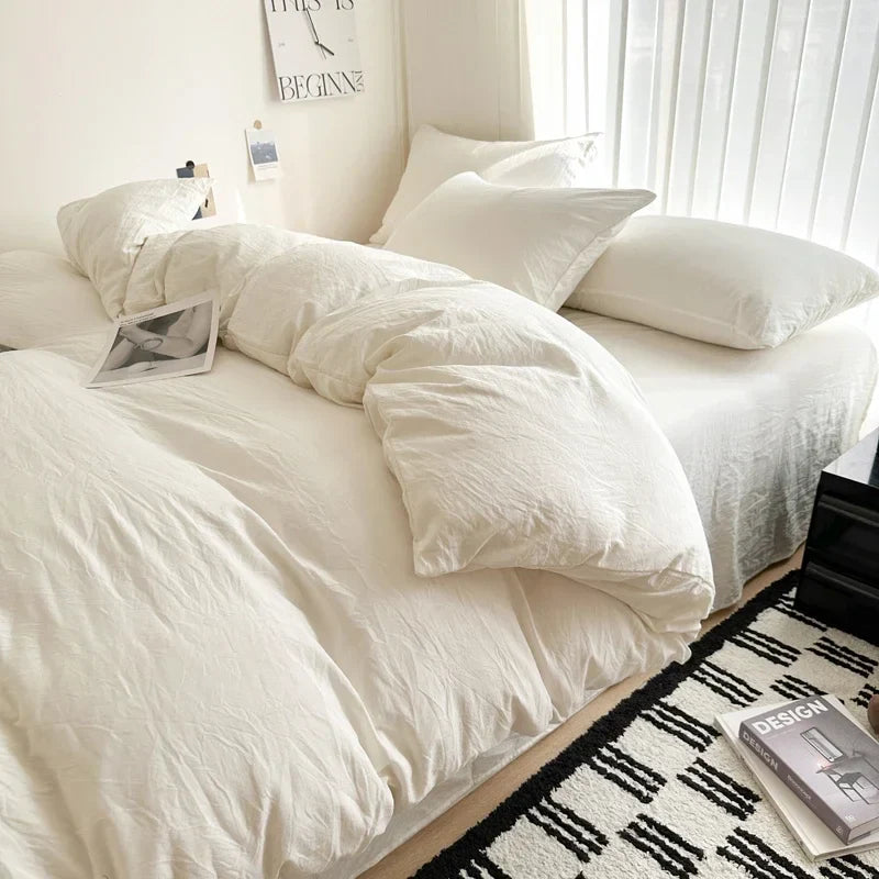 Bed Linen Solid Cotton Bedding Set, with Sheet, Duvet Cover, Pillowcases. Single Couple Bedsheet King, Queen Double Twin Size