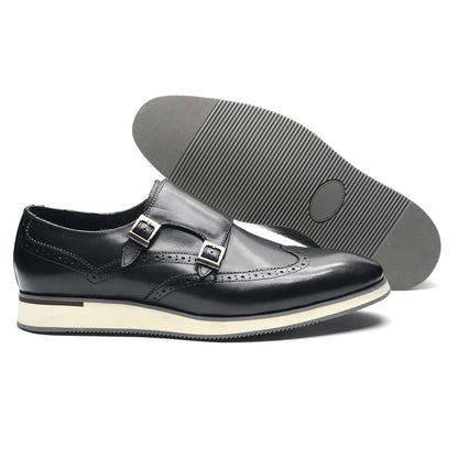 Luxury Men's Double Buckle Monk Strap Flats | Genuine Leather Casual Walk Shoes (Dark Brown, Black)