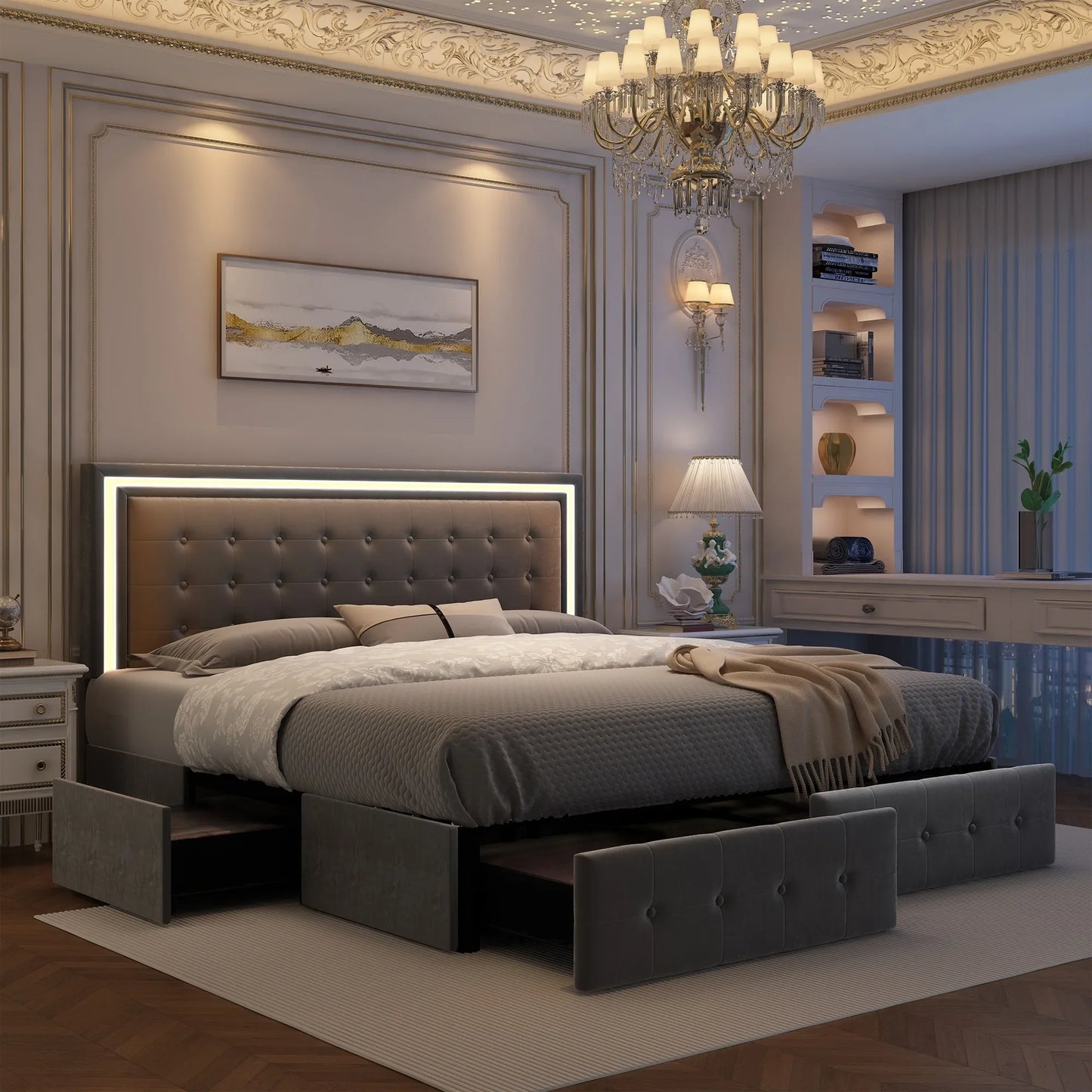 Queen LED Bed Frame 4 Storage Drawers, Headboard, No Box Spring Needed