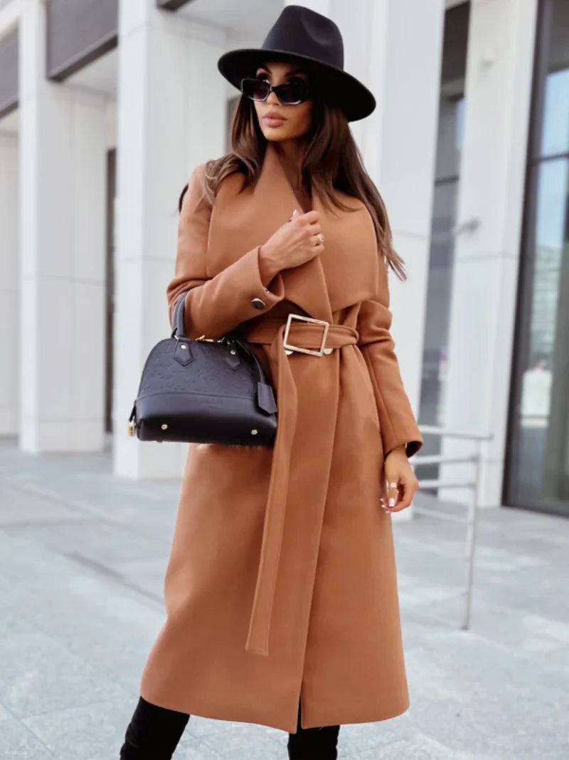 Women's Coat - Belted Wrap Winter Overcoat with Wide Lapel.