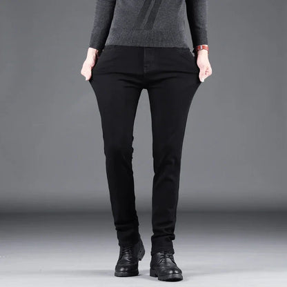 New Men Pure Black Slim Jeans, Elastic Pants Business Fashion Leisure Denim Pants.