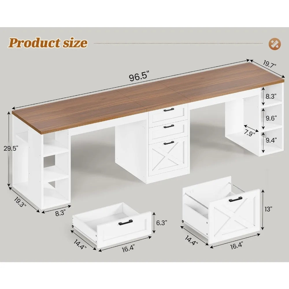 96.5" Farmhouse Computer Desk with Drawers, 2 Person Home Office Double Desk with Storage.