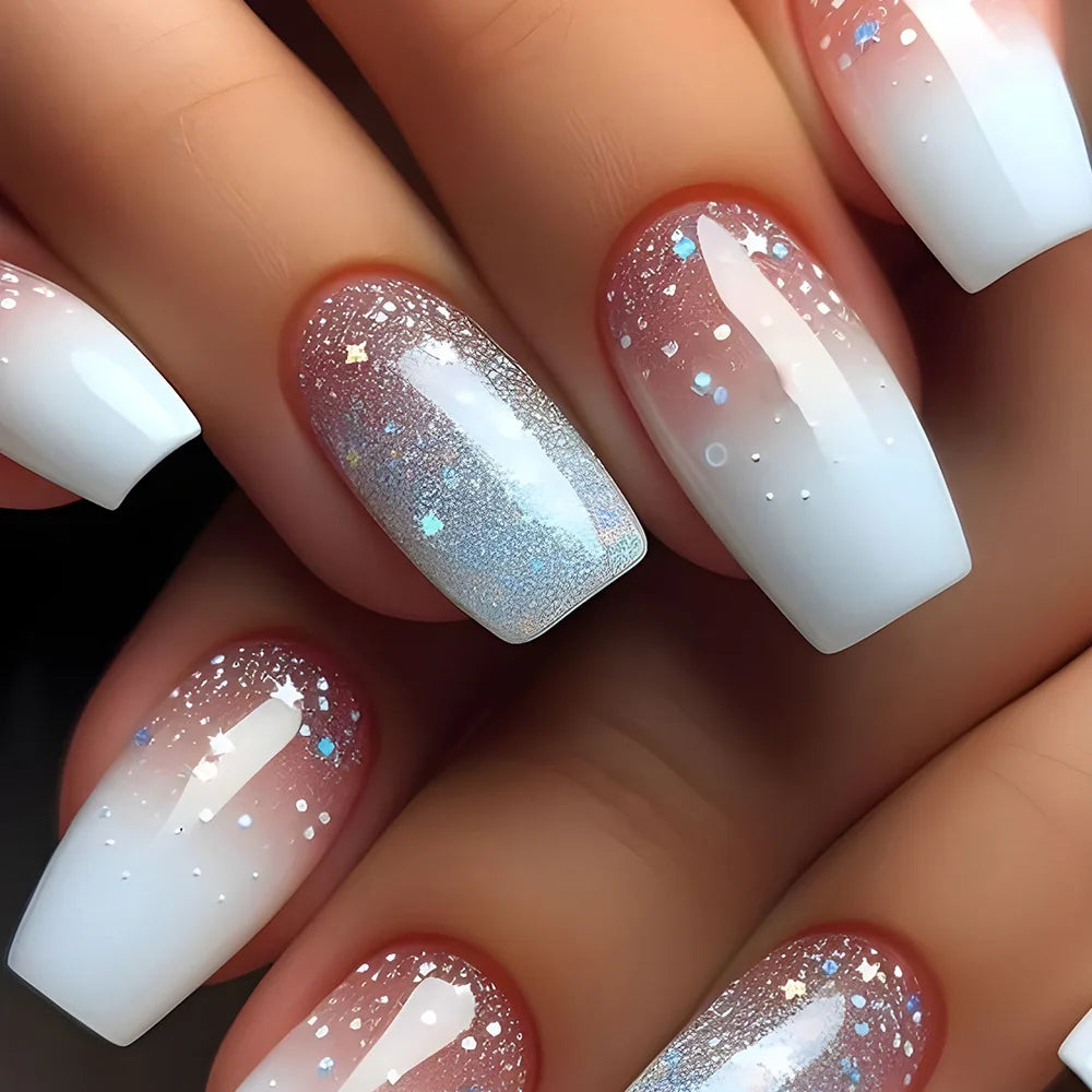 24pcs Golden Stripe Press on Nails Long Square False Nails Full Cover Nail Tips.