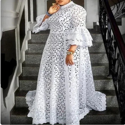 White Lace Dresses for Women , Elegant Turn Down Collar, Puff Sleeves Pleated Hem, Midi Dress Luxury Occasion Clothes.