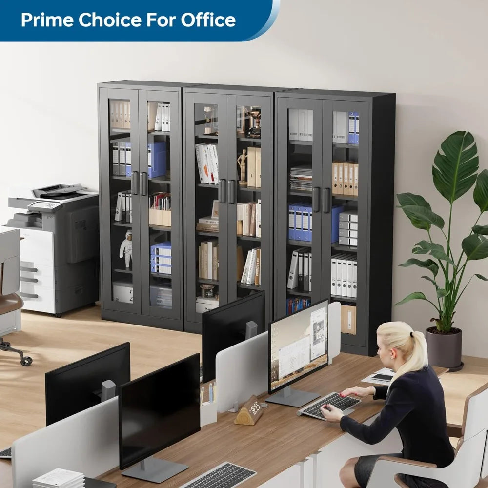 67 Inch Glass Door Display Cabinet with 4 Adjustable Shelves. Heavy Duty Steel Storage Case for Home, Office.