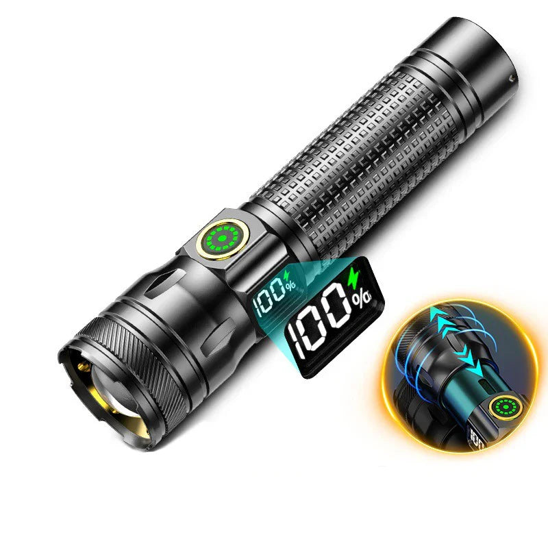 Aluminum Alloy Rechargeable LED Flashlight, Power Display, High Power Torch Light Waterproof.