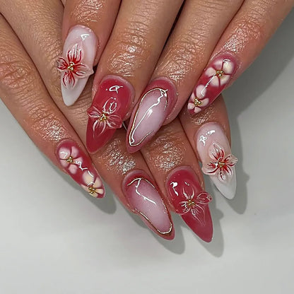 24Pcs Mid-length Almond Press on Fake Nails,3D Ripple Heart ,Pearl Star, Blue Smudge Detachable Full Cover Nails Tips.