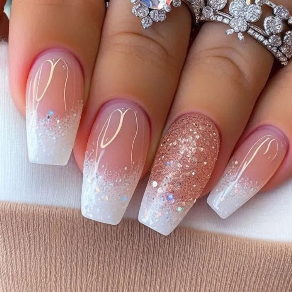 24pcs Golden Stripe Press on Nails Long Square False Nails Full Cover Nail Tips.