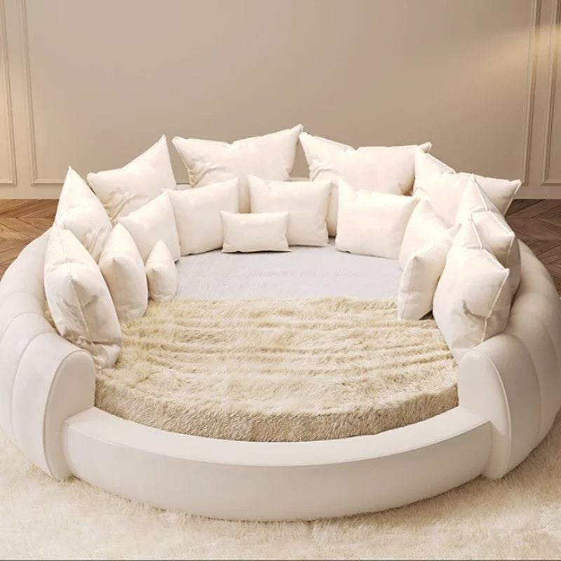 2.2×2m Master Bedroom Big Round Bed, Modern Hotel Guest House Cream White Leather, Full Bed Frame Lazy Cloud Sectional.
