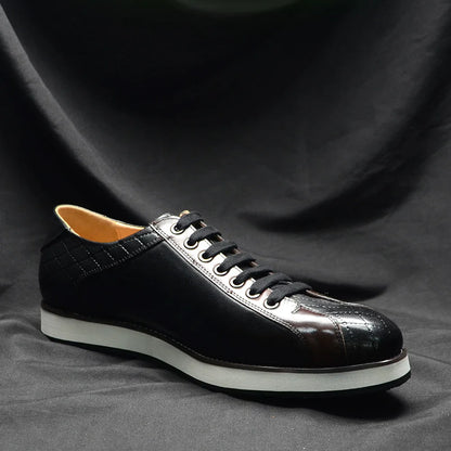 Europe 2024 Fall Luxury Men's Genuine Leather Plaid Casual Shoes | Black & Dark Brown Business Sneakers (Height Increasing)