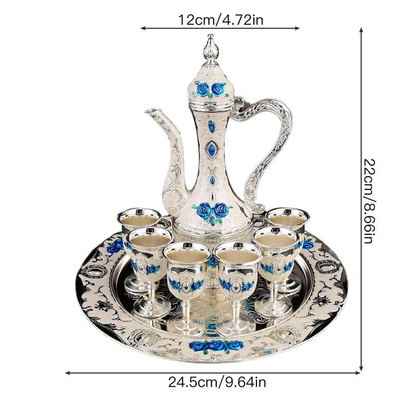 1 metal wine set, 1 tray and 6 shot glasses and 1 wine pot combination.