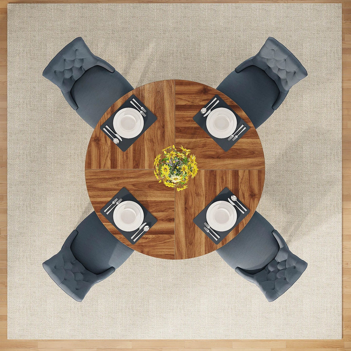 Round Dining Table for 4, 47 Inch Farmhouse Kitchen Table, for Dining Room.
