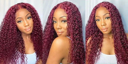30" Curly Burgundy & Chocolate Brown 13x6 HD Lace Frontal Wig | 99J Colored Human Hair Wig for Women | Deep Wave