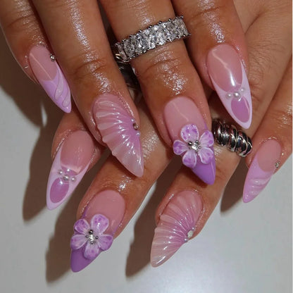 24Pcs Mid-length Almond Press on Fake Nails,3D Ripple Heart ,Pearl Star, Blue Smudge Detachable Full Cover Nails Tips.